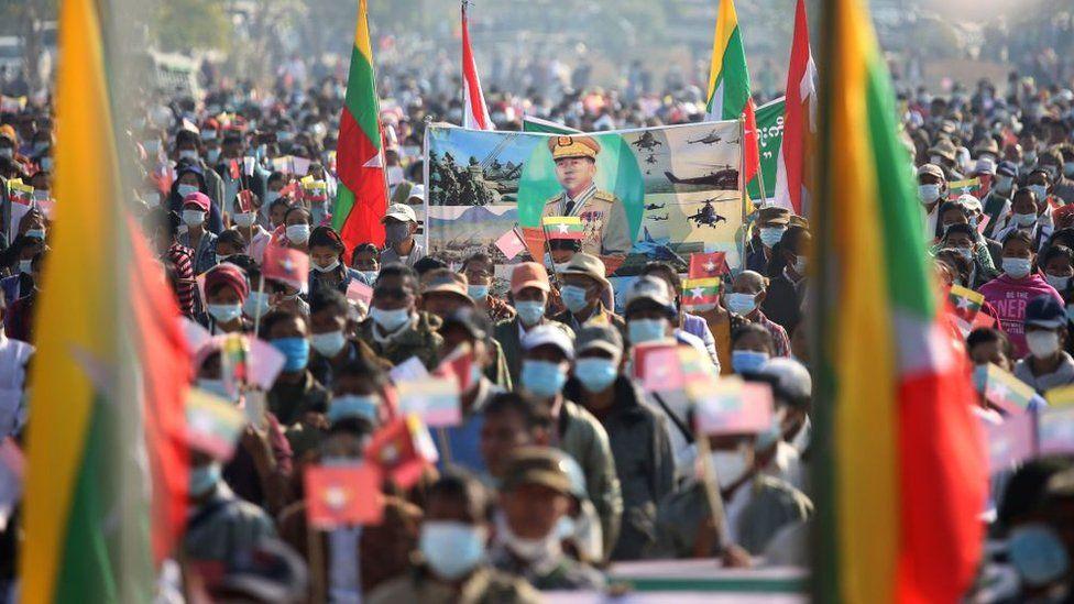 A rally in support of the military regime in the Myanmar capital, Nay Pyi Taw, following the military coup on 1 February 2021