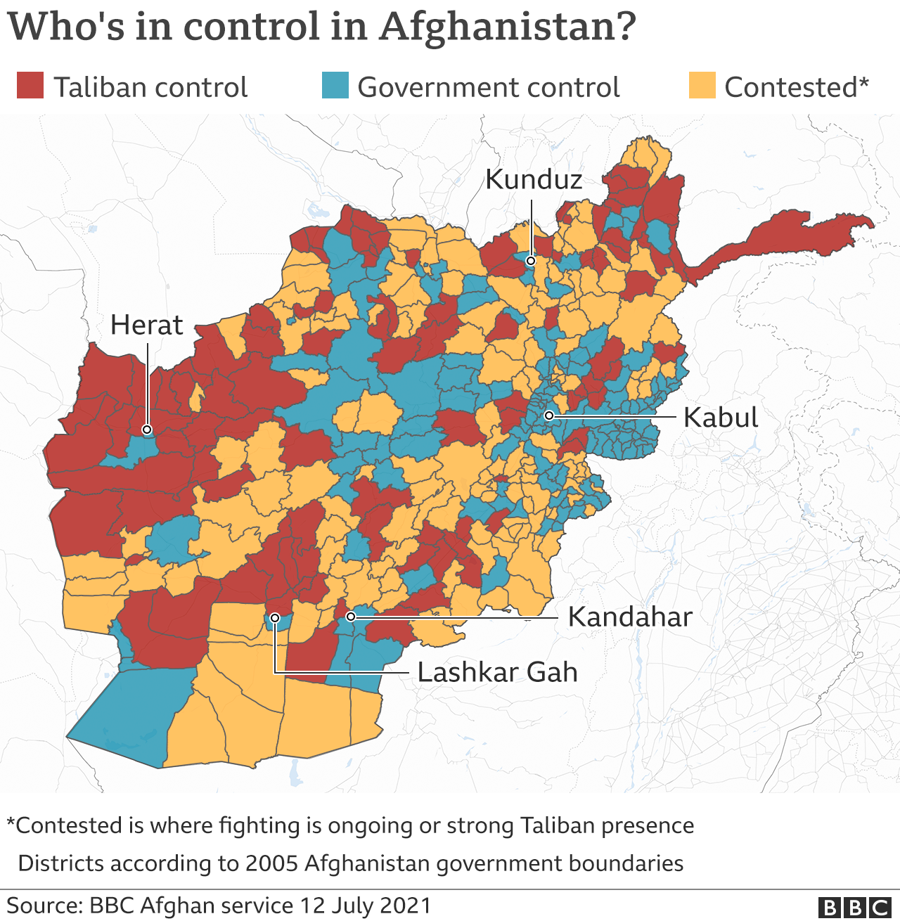 Map showing areas of Taliban and government control