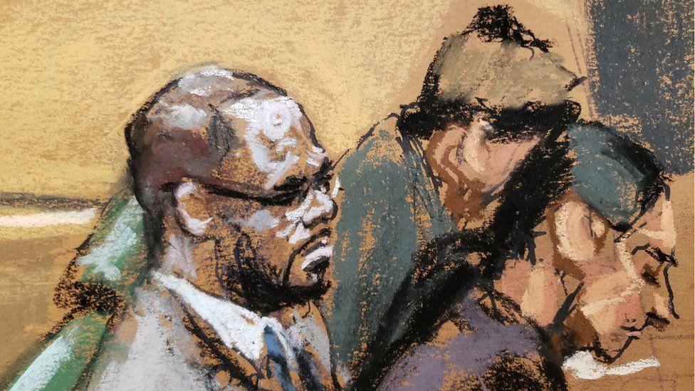 A courtroom artist's depiction of R Kelly in court in New York