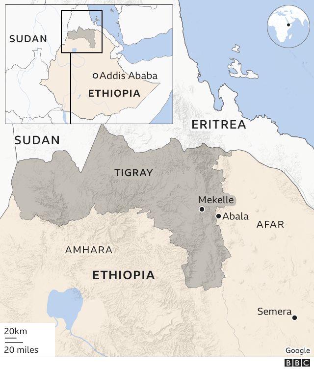 Map showing Tigray and other regions with key places