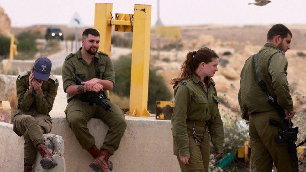 Israeli soldiers outside the Mount Harif military base in Israel's southern Negev desert, 3 June 2023