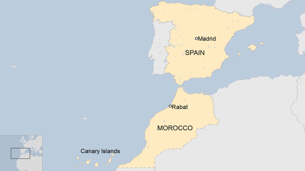 A map showing the Canary Islands, Morocco and Spain